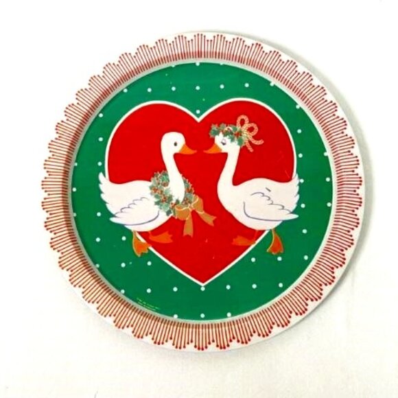 Vtg Christmas Geese Metal Tin Serving Tray Platter 1987 Retro - Picture 1 of 7